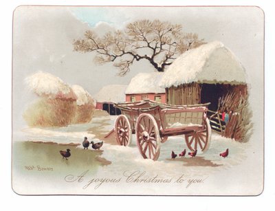 Viktoriánské vánoční přání kachen a kuřat u rybníka na farmě, kolem roku 1880 (barva litho) od English School