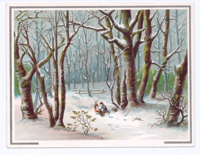 Viktoriánské přání dvou dětí sbírajících větve ve sněhu, cca 1880 (barva litho) od English School