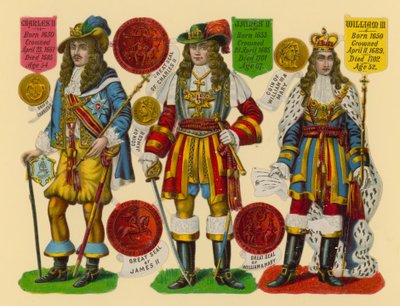 Viktoriánský šrot: Král Karel II., král Jakub II., král Vilém III. od English School