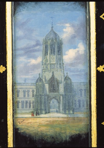 Viktoriánský panel šicí skříňky zdobený scénou Christ Church, Oxford (papiermache) od English School