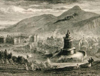 Pohled z památníku Burns, Calton Hill, Edinburgh v roce 1880, z „Scottish Pictures“ vydané společností Religious Tract Society od English School