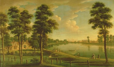 Pohled na Chelsea Reservoir and Waterworks, s Westminsterským opatstvím v dálce, kolem roku 1725 od English School