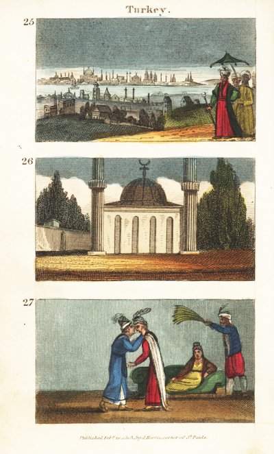 Pohled na Konstantinopol (Istanbul) na počátku 19. století 25, muslimská mešita s kopulí a minarety 26 a mladé řecké ženy líbající se na oči 27 od English School