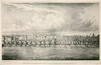 Pohled na Old London Bridge jako za vlády královny Alžběty I od English School
