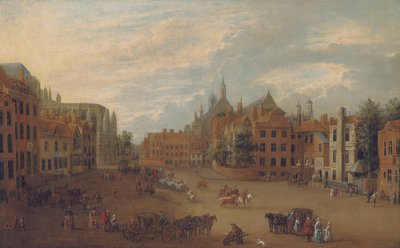 Pohled na Old Palace Yard, Westminster, s východním koncem Westminsterského opatství a kaplí krále Jindřicha VII nalevo, kolem roku 1700 od English School