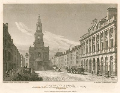 Pohled na The Strand, včetně severní přední části Somerset House a kostel St Mary-Le-Strand, Westminster, Londýn od English School