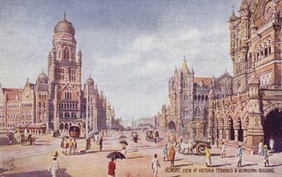 Pohled na Victoria Terminus  Municipal Building, Bombaj (barevná litografie) od English School
