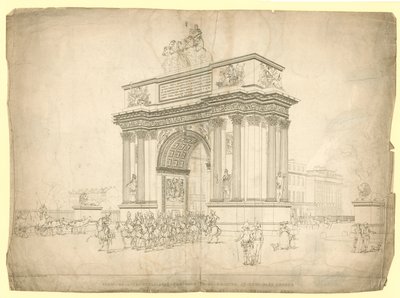 Pohled na vítězný oblouk navržený k postavení v Hyde Park Corner od English School