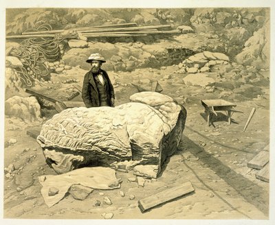 Pohled na kolosálního lva na boku, s Newtonem vzadu, z Historie objevů v Halikarnassu, Cnidu a Branchidae, od Charlese Thomase Newtona (1816-94), vydáno 1862 od English School