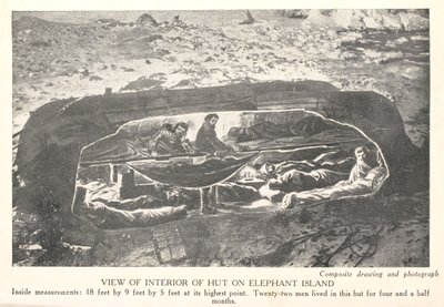 Pohled do interiéru chýše na Elephant Island, z „Jih: příběh expedice 1914-1917“, od Sir Ernest Shackleton od English School