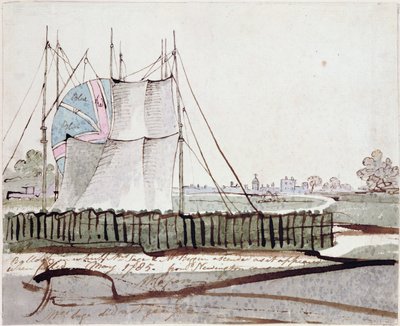 Pohled na balón v Newington Causeway, květen 1785 (inkoust a wc na papíře) od English School