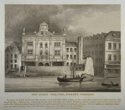 Pohled na divadlo Dukes, Dorset Gardens, od řeky Temže, 1814 od English School