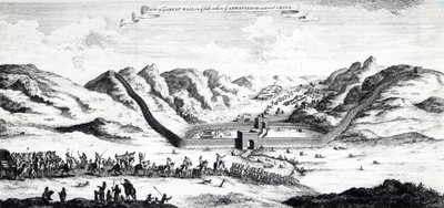 Pohled na Velkou čínskou zeď na straně, kde velvyslanec vstoupil do Číny, ze sbírky "A Collection of Voyages and Travels" od Johna Harrise, 1748. od English School