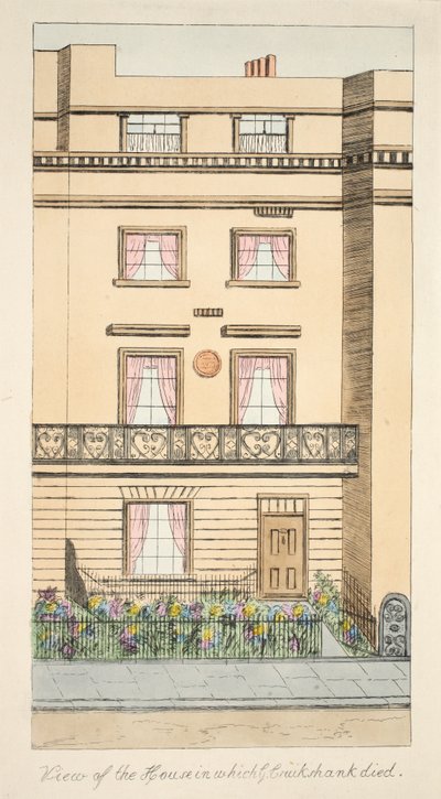 Pohled na dům, ve kterém zemřel George Cruikshank, hospoda. c.1878 (ručně kolorovaná rytina) od English School