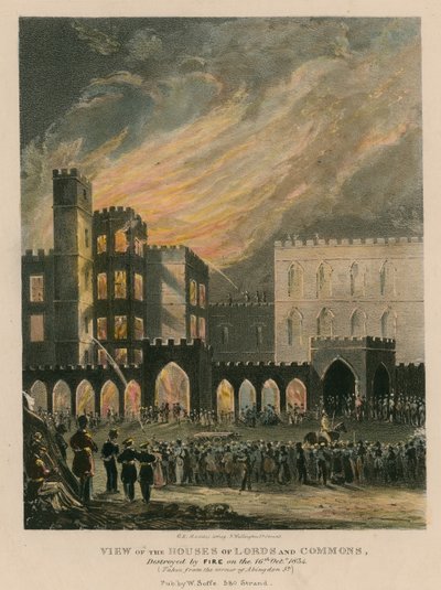 Pohled na Sněmovnu lordů a Commons, zničenou požárem 16. října 1834 od English School
