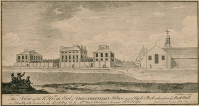 Pohled na dům Right Hon the Earl of Chesterfields poblíž Hyde Parku, převzatý ze zdi parku od English School