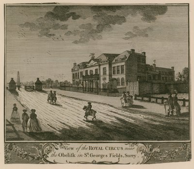 Pohled na Royal Circus poblíž obelisku v St Georges Fields, Surry od English School