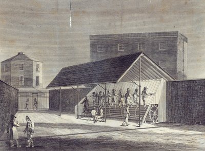 Pohled na běhoun pro zaměstnávání vězňů, postavený v House of Correction v Brixtonu, vydal Gent. Mag., červenec 1822 od English School