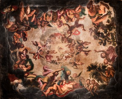 Pohled na strop v Elysium Room, Bolsover Castle (pigment na omítce) od English School