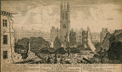 Pohled na ruiny domů spálených požárem v Cornhill, Londýn, 25. března 1748 od English School