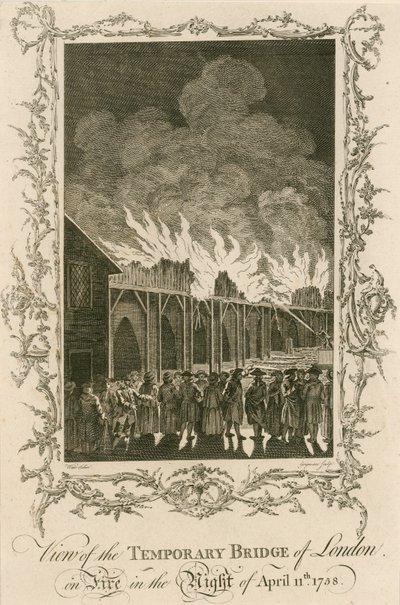 Pohled na dočasný most v Londýně v plamenech v noci 11. dubna 1758 od English School