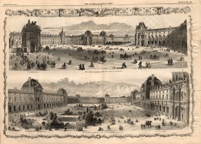 Pohledy na Cour Carree du Louvre v Paříži. Rytina v „Ilustrovaných londýnských zprávách“ z 15. srpna 1857. od English School