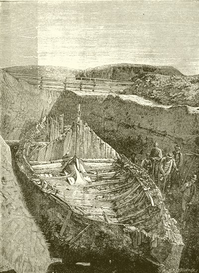 Vikingská loď, nalezená poblíž Sandefjordu, Norsko od English School
