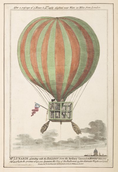 Vincent Lunardi ve vzduchu po svém výstupu z Moorfields, září 1784 (barevná rytina) od English School