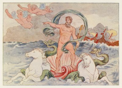 Virgilova Aeneida: Neptun uklidňující vlny (barevné lito) od English School