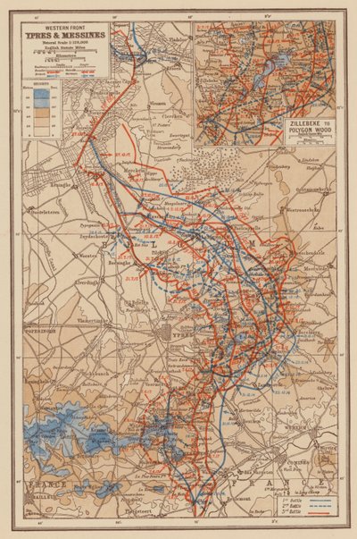 1. světová válka: západní fronta, Ypres a Messines (barevná litografie) od English School