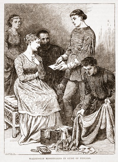 Valdenští misionáři v přestrojení za Pedlary, ilustrace z Dějin protestantismu od Jamese Aitkena Wylie (1808-1890), pub. 1878 od English School