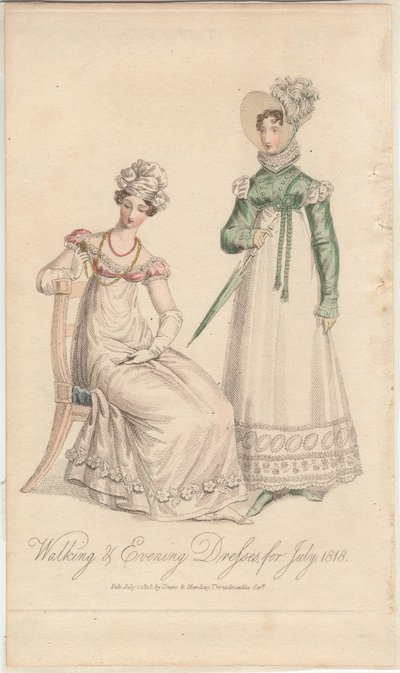 Vycházkové a večerní šaty na červenec 1818, 1818 od English School