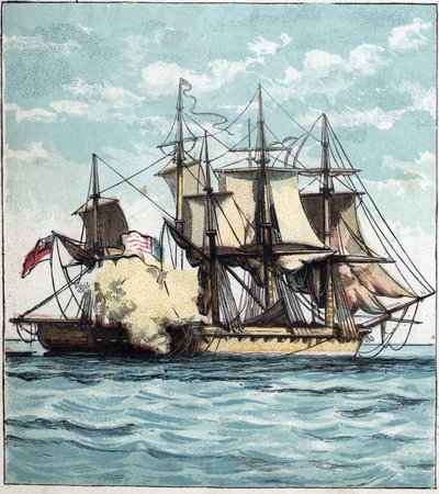 Válka roku 1812 mezi Spojenými státy a Velkou Británií: Fregata Chesapeake během námořní bitvy proti britské fregatě „Shannon““ 1. června 1813 u Bostonu. "Chesapeake a Shannon" od English School