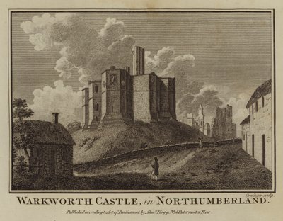Hrad Warkworth, v Northumberlandu (rytina) od English School