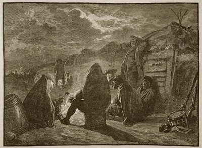 Washington u táborového ohně ve Valley Forge, ilustrace z Cassells Illustrated History of England (sépiová fotografie) od English School