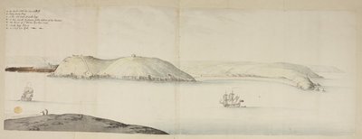 Západní vstup do přístavu Cork, od Kidds, neboli Kráva a tele, po ostrov Cross Beg; West Entrance of Cork Harbour, zobrazující Halbowlin Island, Spike Island a Cross Haven, kolem roku 1684 (pero, inkoust a akvarel na papíře) od English School