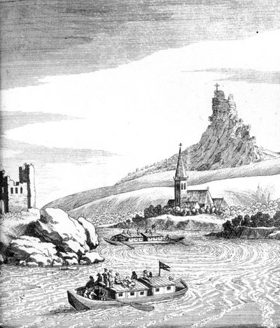 Whirlpool in the Danube, z knihy An Account of Několik cest od Edwarda Browna, publikovaná v roce 1677 od English School