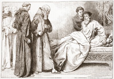Wycliffe a mniši: scéna v ložnici, ilustrace z Dějin protestantismu od Jamese Aitkena Wylie (1808-1890), hospoda. 1878 od English School