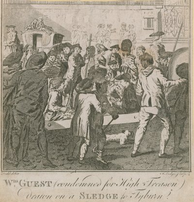 William Guest, odsouzený za velezradu, přitažen na saních do Tyburnu od English School