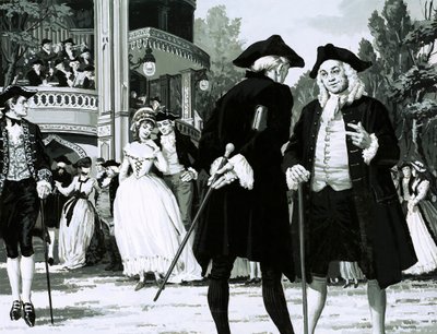 William Hogarth se prochází ve Vauxhall Gardens (kvaš na papíře) od English School