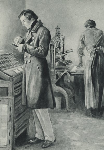 William Lloyd Garrison nastavuje písmo pro své noviny od English School