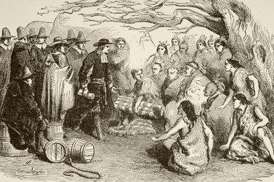 William Penn tekee sopimuksen Delawaren tai Lenapen intiaanien kanssa vuonna 1682 (litho) od English School