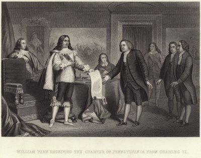 William Penn obdrží Chartu Pennsylvanie od Karla II od English School