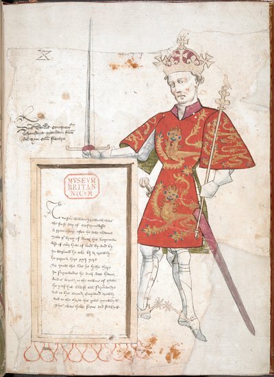 Vilém Dobyvatel, anglický král v brnění a tabardu, představuje plaketu s verši (vellum) od English School