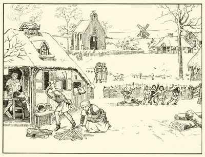 Zimní scéna ve vesnici. 14. cent (inkoust na papíře) od English School