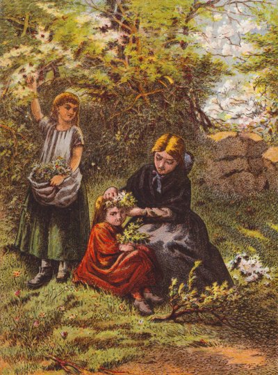 Žena upravuje dívce vlasy s květinami (barevná litografie) od English School