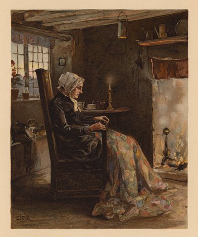 Žena šije patchworkovou deku (chromolit) od English School