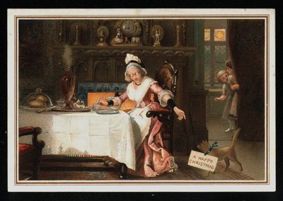 Žena si čaj s kočkou, vánoční přání. (chromolitho) od English School