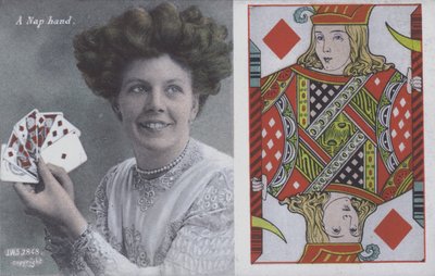 Žena s hracími kartami a Jack of Diamonds (barva litho) od English School