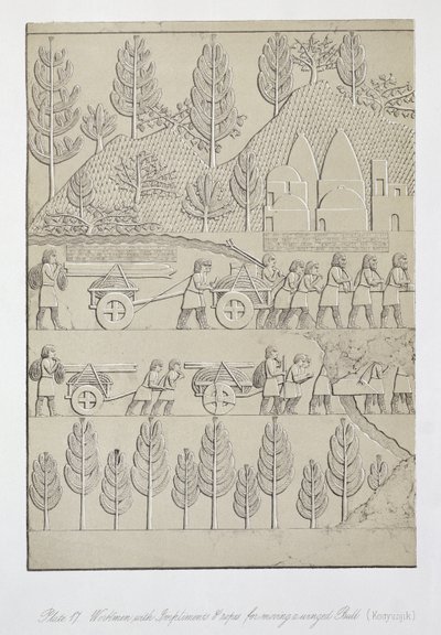 Dělníci s nářadím a provazy na stěhování okřídleného býka, deska 17 z knihy Nineveh and its Remains od Austena Henryho Layarda (1817-94) vydané roku 1849 od English School